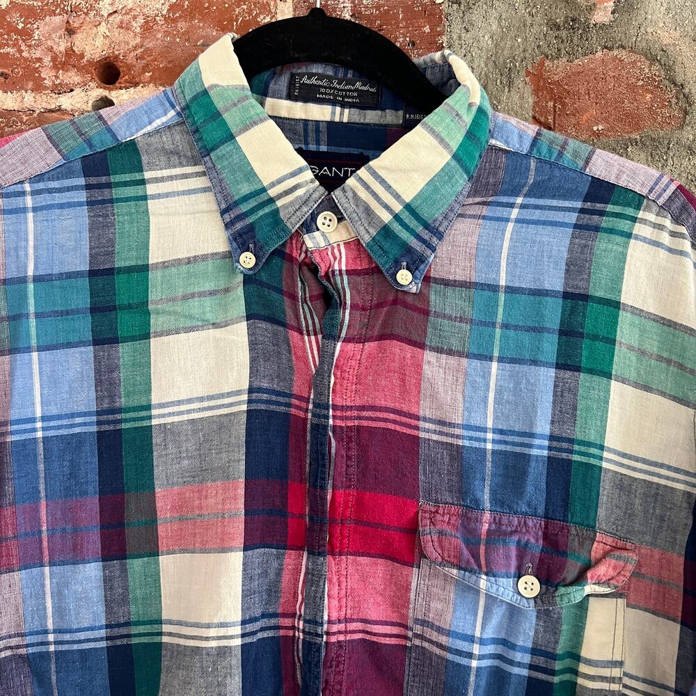 VTG GANT Indian Madras Men's SS Shirt L 22x27